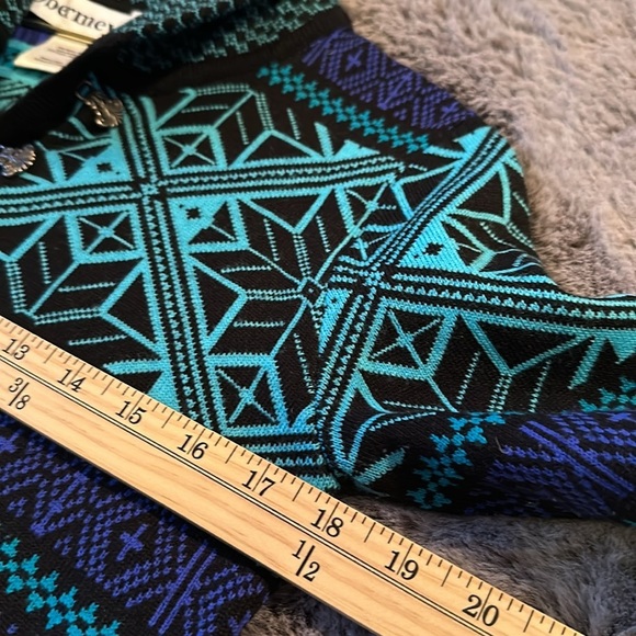 Obermeyer Fair Isle Wool Blend Blue and Black Sweater with Metal Buckles M - Picture 8 of 10